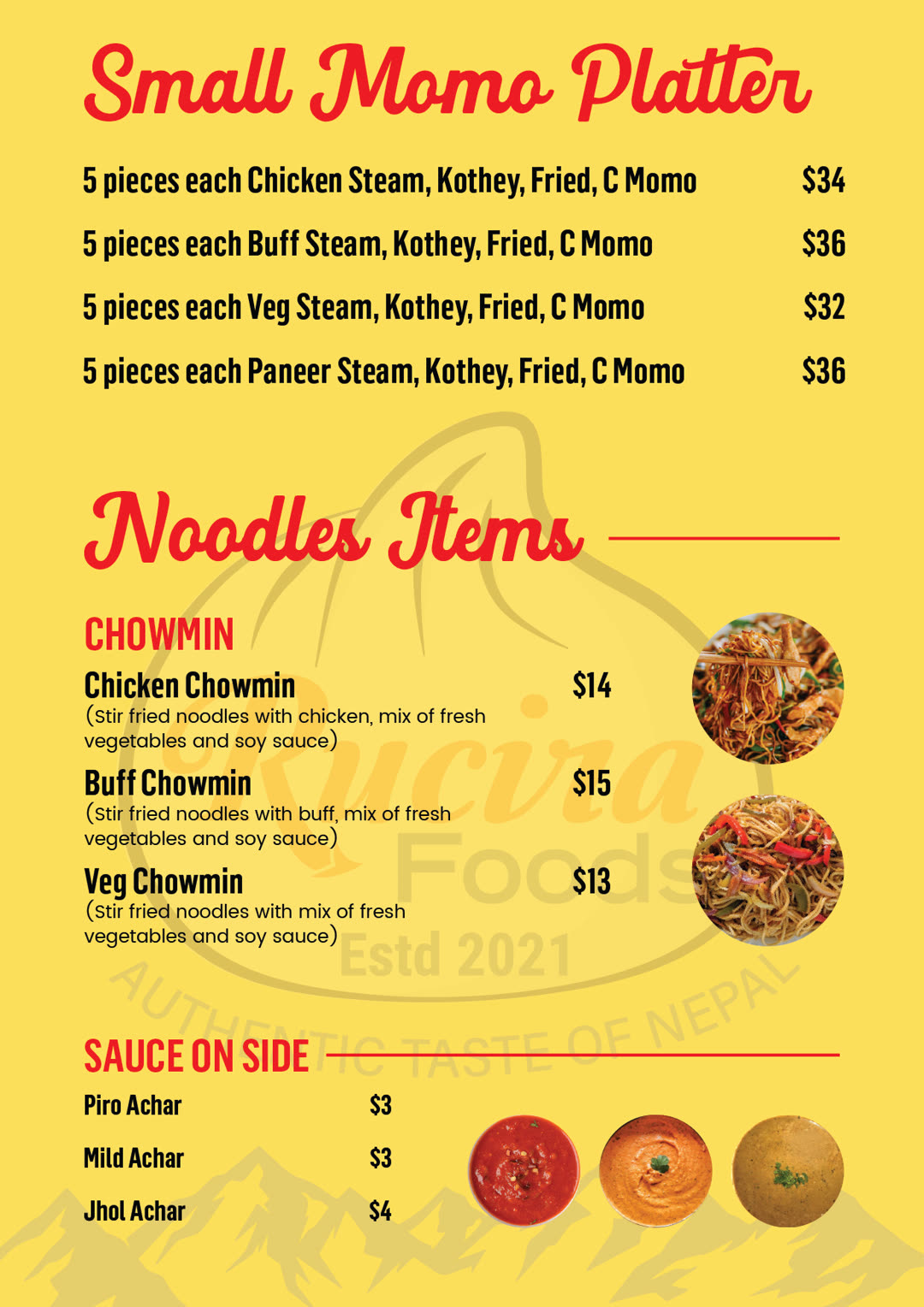 Rucira Foods menu — Platters & Noodles
