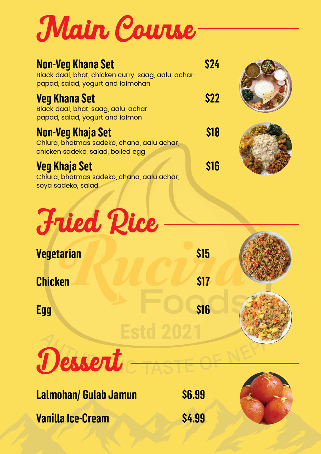 Rucira Foods menu — Main Course, Fried Rice & Dessert